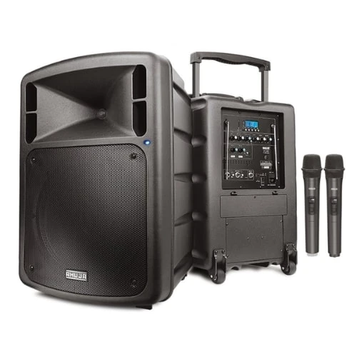 Ahuja BTA-880 50-Watts Portable PA Active Speaker (Bluetooth speaker, Built-in MP3 Player with Bluetooth, Recorder, SD Card and Remote Control, Built-in Digital Echo effects, 2-Hand UHF Microphone)