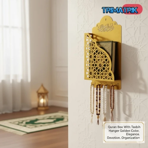 Quran Box With Tasbih Hanger – Elegant Golden Storage for Your Holy Book