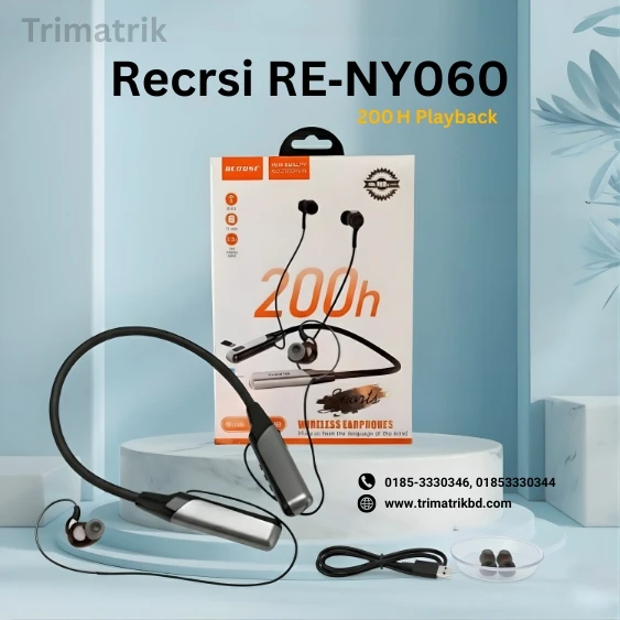 Recrsi RE-NY060 Wireless Neckband | Bluetooth 5.3 | 200 Hours Playback | TF Card | Digital Battery Display